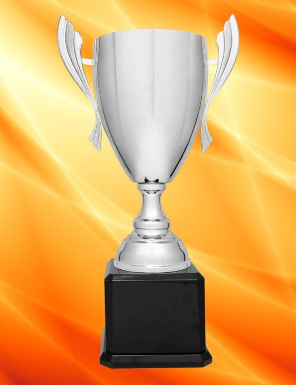 SILVER COMPLETED METAL CUP TROPHY ON BLACK ROYAL PIANO FINISH BASE